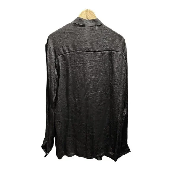 Mandarin Collar Sheer Button Down Long Sleeve Shirt Black - Picture 5 of 5